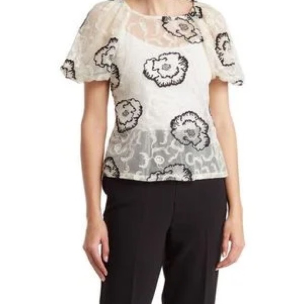 Laundry by Shelli Segal Floral Lace Puff Sleeve Top - Cream and Black Small